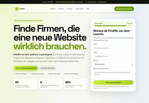 findflix dashboard with AI-scored local business opportunities and sales-ready web design leads.
