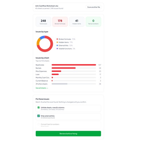 XLSX app view showing detected spreadsheet issues