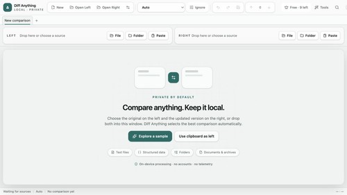 Diff Anything welcome screen for starting a private local comparison
