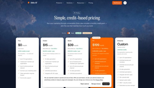 Soku AI pricing page showing plans for the autonomous AI marketing agent.