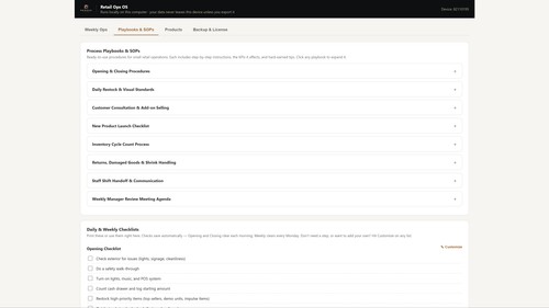 Built-in opening, closing, and weekly SOP checklists, so nothing depends on who's working that day.