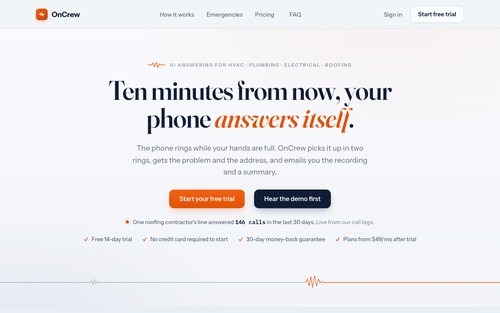 OnCrew homepage: AI phone answering for HVAC, plumbing, electrical, and roofing contractors