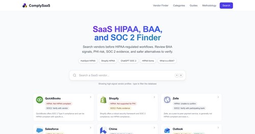 ComplySaaS vendor finder homepage with public HIPAA, BAA, PHI, and SOC 2 research signals.