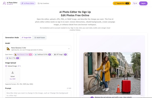 Browser-based AI photo editor with prompt controls, model selection, and no-sign-up editing.