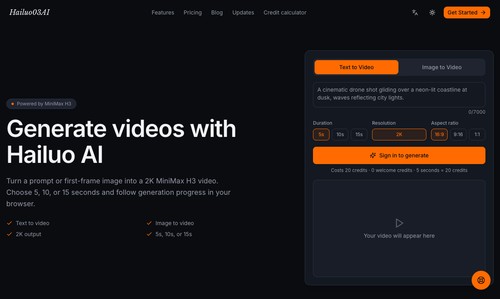 Hailuo03AI browser studio for MiniMax H3 text-to-video and first-frame image-to-video generation.