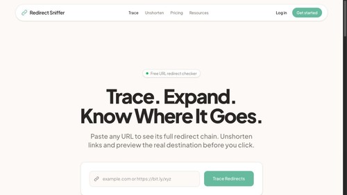 Redirect Sniffer homepage showing the free redirect checker and URL trace workflow.