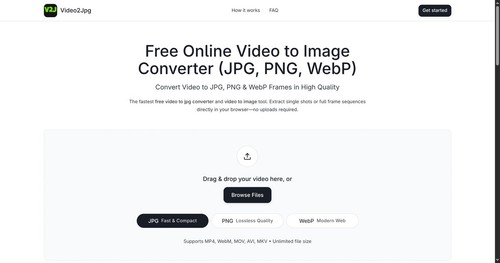 Video2Jpg homepage: extract video frames as JPG, PNG or WebP in your browser.