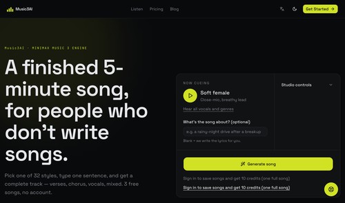 Music3AI homepage: lyrics in, MiniMax Music 3 generates a full structured song you can play and download.