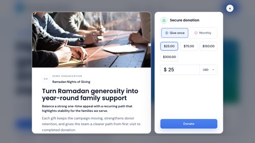 Branded one-time and recurring Stripe donation form preview.