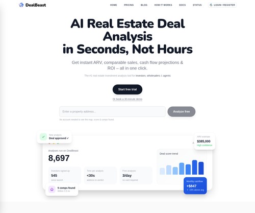 DealBeast home page with ARV, ask, MAO, rent, cash flow, and DOM