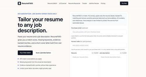 ResumeFitKit homepage showing the evidence-first resume and job description matching workflow.