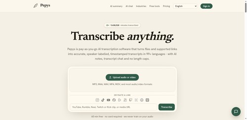 Pepys homepage — upload audio/video or paste a link to get an AI transcript.