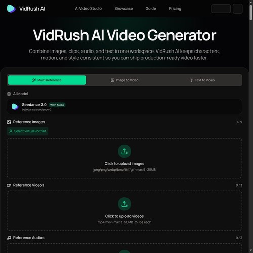 VidRush AI - AI long video generator turning text, images, audio and video into production-ready videos