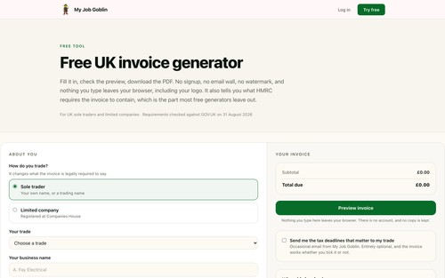 Invoice builder, with the HMRC requirements checked as you fill it in