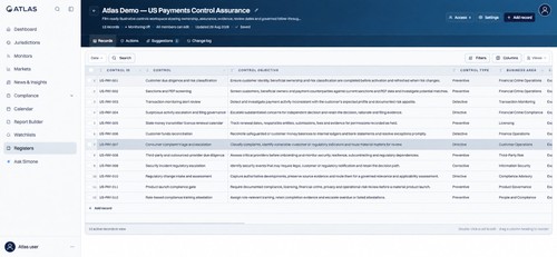 Atlas Registers: controls, objectives and business areas in one workspace. Illustrative payments demo; account details anonymised.