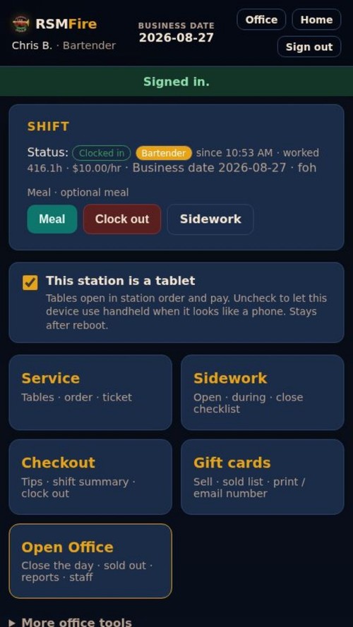 RSMFire on-premise restaurant POS interface for floor ordering, kitchen routing, payments, inventory, labor, and reporting.