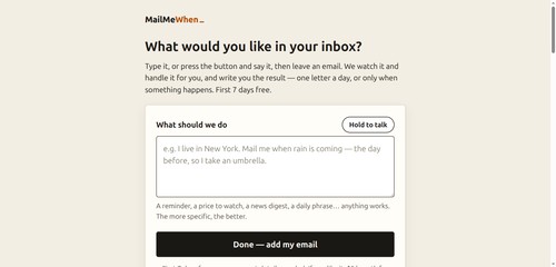 Home page: describe what to watch in one sentence and leave your email