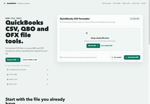 BankFileKit CSV Formatter interface, July 2026 release. Files are processed locally in the browser. No customer data shown.