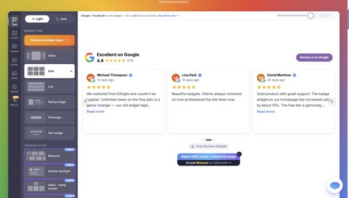 Widget builder with a live preview of your Google reviews on the right