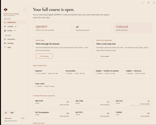 Dashboard showing exam categories and quick access to practice tests