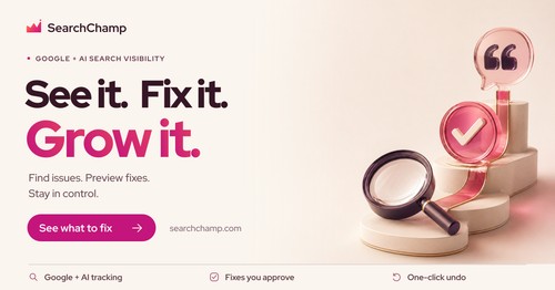 SearchChamp campaign visual: see SEO and AI-search visibility issues, preview fixes, and grow organic visibility.