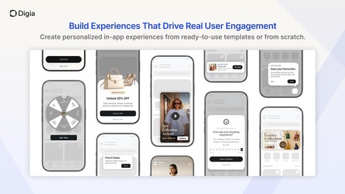 Showcase of personalized in-app experiences, including nudges, gamification, stories, surveys, offers, and product discovery elements.