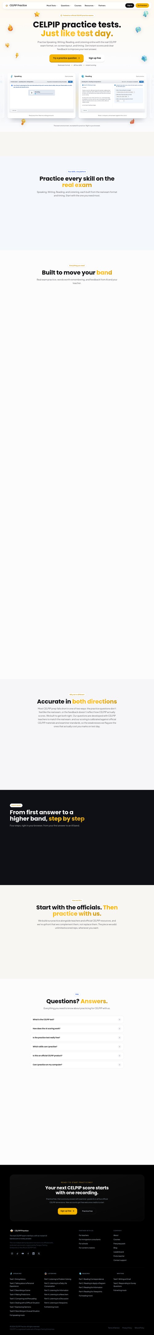 CELPIP Practice homepage showing realistic four-skill CELPIP-General practice tests, exam-style timing, and instant feedback with AI scoring for Writi