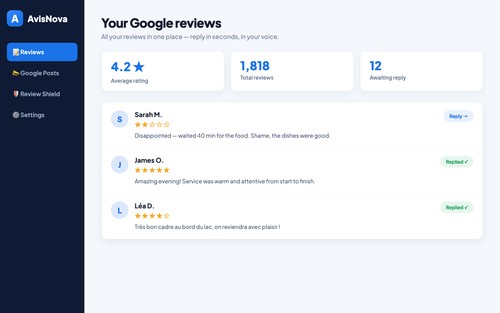 All your Google reviews in one place — see your average rating, totals, and which reviews still need a reply.