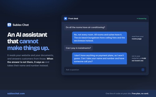 An AI customer service assistant that only answers from your own material.