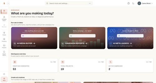 Workspace home: analyze the connected Meta account, build creative, or launch a campaign from one screen.