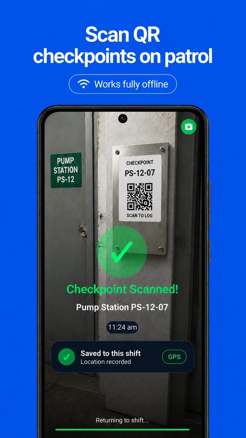 Scan QR checkpoints on patrol — works fully offline