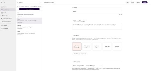 Name your assistant, write its welcome message, and pick a persona. Then set the voice, knowledge sources, phone numbers, and more.