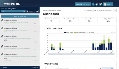 Link analytics dashboard: total human clicks, unique clicks and unique visitors, with bot traffic shown separately on the traffic timeline.