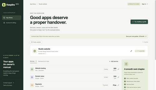 Keeplira interactive demo: example website services, owners, costs and maintenance notes. Fictional sample data.