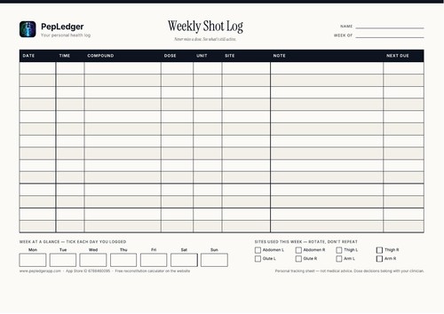Weekly protocol log view for organizing peptide, GLP-1, hormone and supplement tracking.