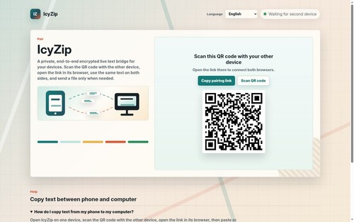 IcyZip pairing screen showing the QR-code connection flow between two browsers for encrypted live text and single-file transfer.