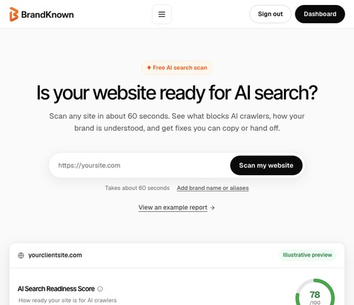 BrandKnown homepage scan showing AI search readiness score and entity insights.