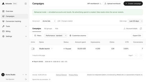 Advarde campaign performance view in rehearsal mode, showing simulated accounts and results.