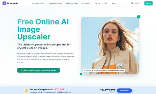Upscayl AI homepage showing browser-based image upscaling and enhancement workflow.