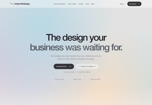 Instant Redesign landing page showing the AI website redesign workflow and free plan.