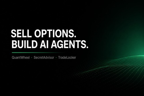 QuantWheel options trading platform banner highlighting workflows for options buyers and sellers, strategy builders, copy traders, and AI agents, with