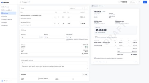 Invoice editor with a live preview: line items, several taxes per line, discount, shipping, notes and terms.