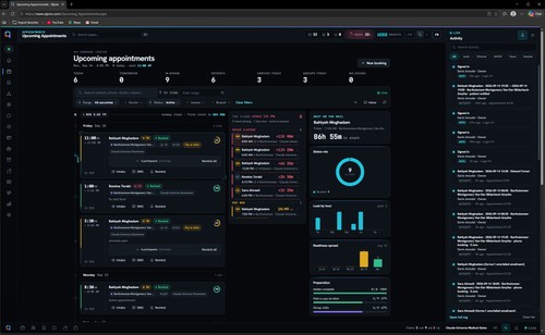 Qlynic appointments command center: upcoming visits, scheduling, intake readiness and live activity. Demo data shown.