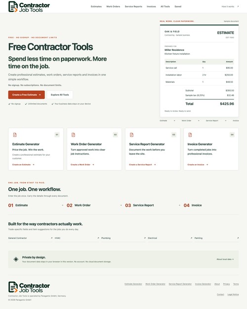 Contractor Job Tools home screen with free browser-based paperwork tools for contractors.