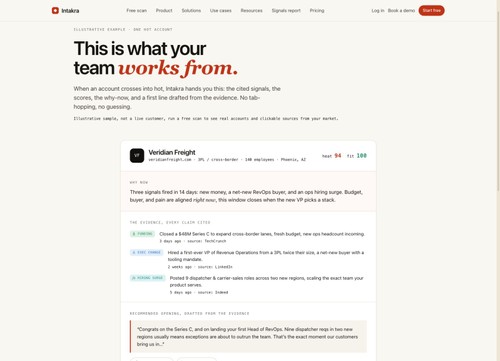Public illustrative demo: a sample account with buying signals, source citations, scores, and a why-now explanation.