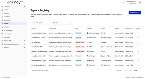 AI agent registry: track internal and external agents, providers, models and owners. Example environment from the Kosmoy presentation.