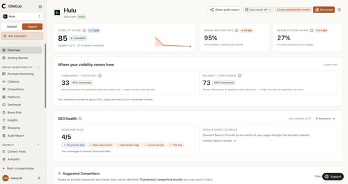 Get a complete view of your brand’s visibility across AI answer engines. CiteCue measures visibility score, brand mention rate, citation share, brande