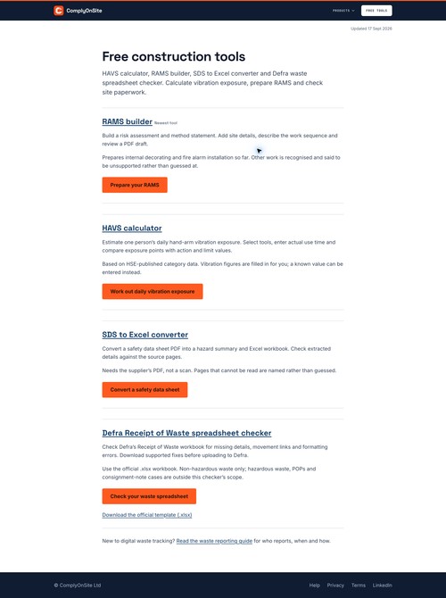 ComplyOnSite free tools for RAMS, HAVS calculations, SDS-to-Excel conversion and waste spreadsheet checks.