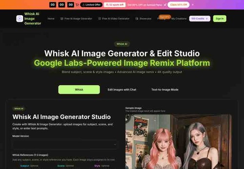 Whisk AI image generation and remix workspace with prompt and reference image controls.
