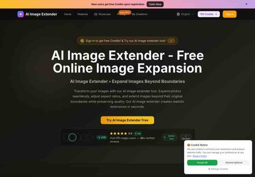 AI Image Extender outpainting workspace with upload, aspect ratio, and output controls.
